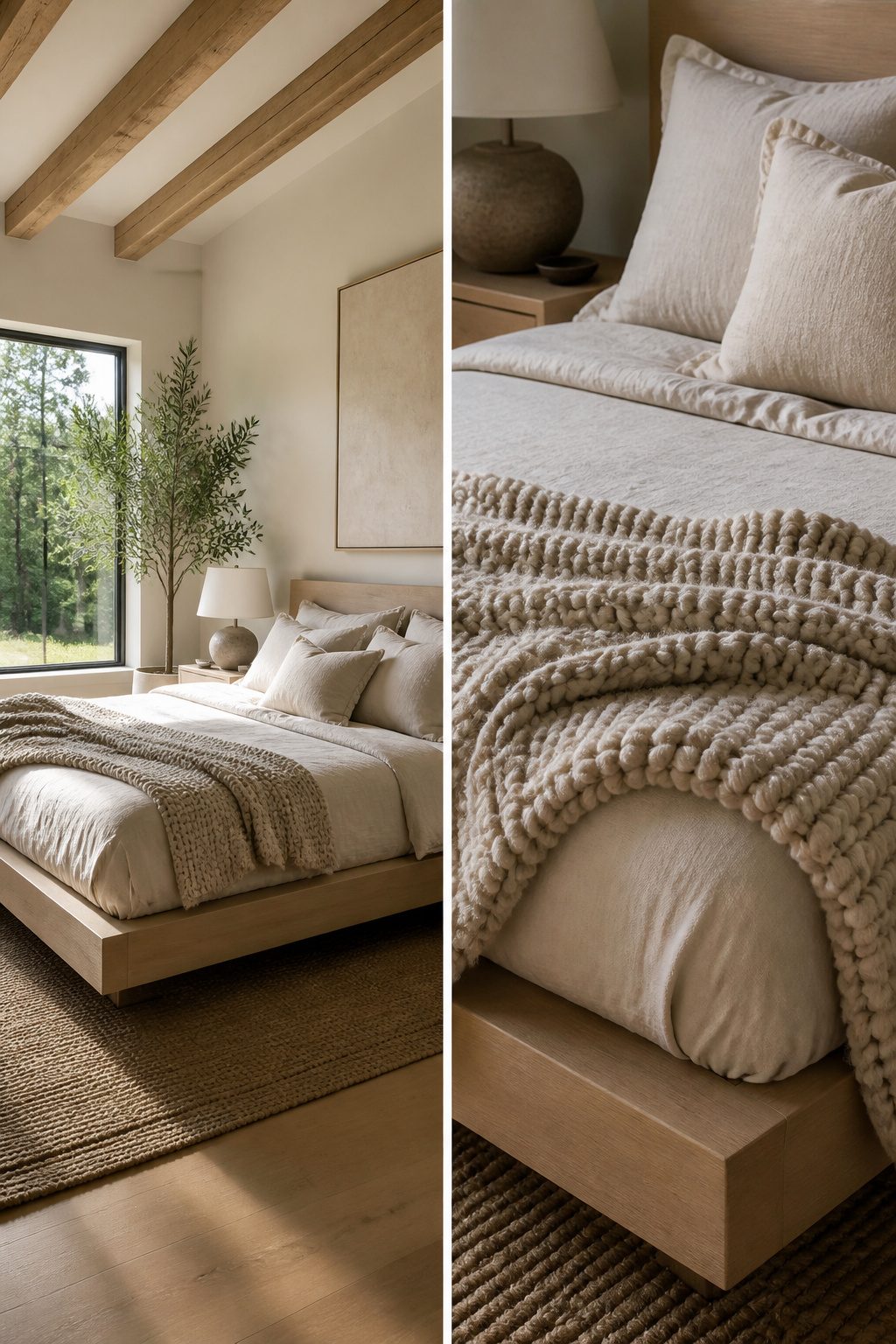 A platform bed featuring a simple frame and layered textiles.