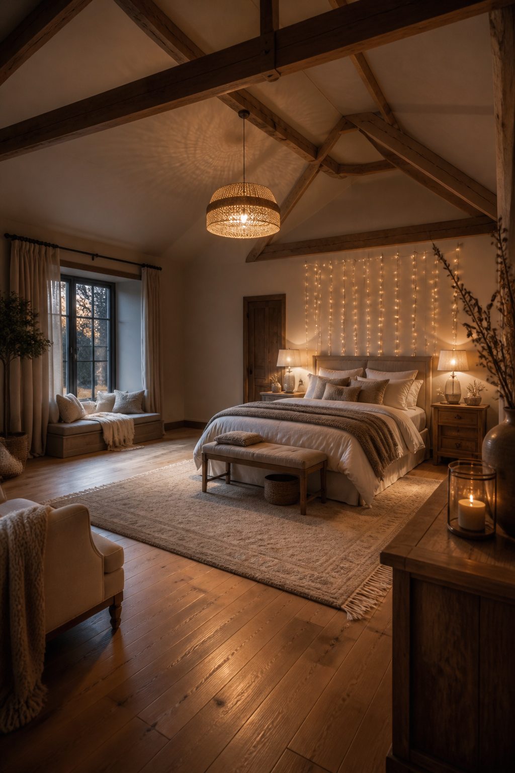 Soft lighting fixtures in a cozy cottage bedroom.