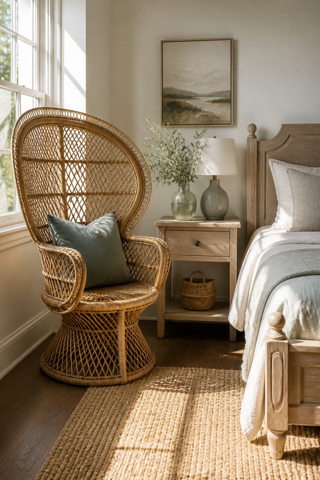 A wicker peacock chair with a plush pillow in a bright room.