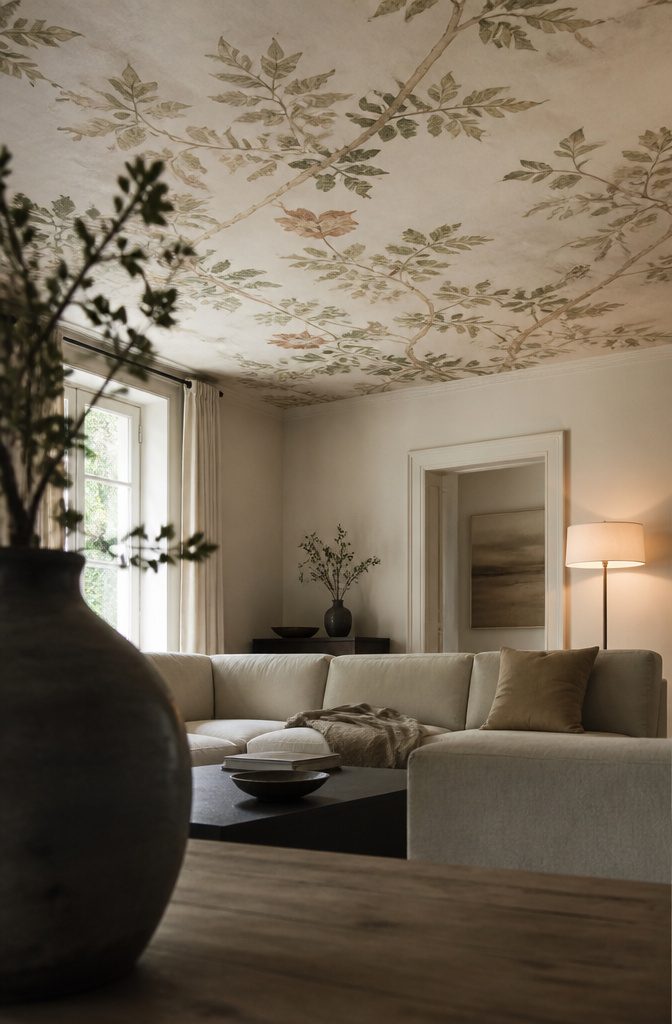 Botanical ceiling painting with sage leaves and muted terracotta flowers