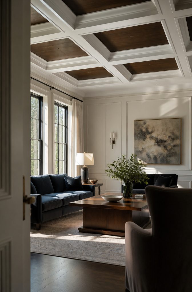 White ceiling grid with walnut recessed panels above a velvet living room