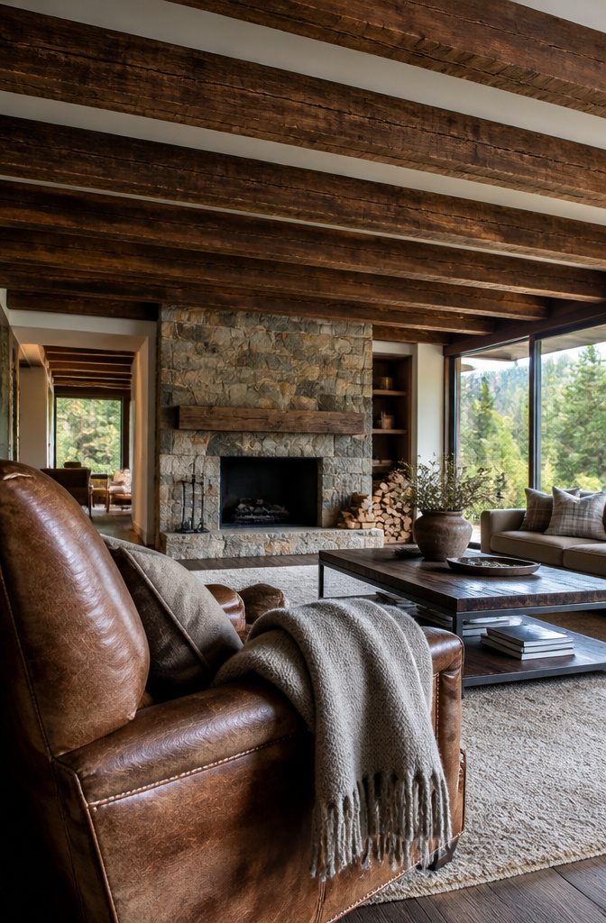 Dark wood beams crossing a living room ceiling above polished furniture