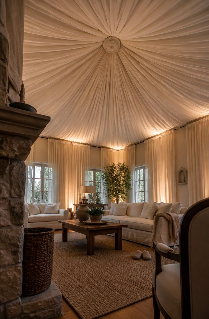 Sheer ceiling fabric radiating from a central medallion above seating