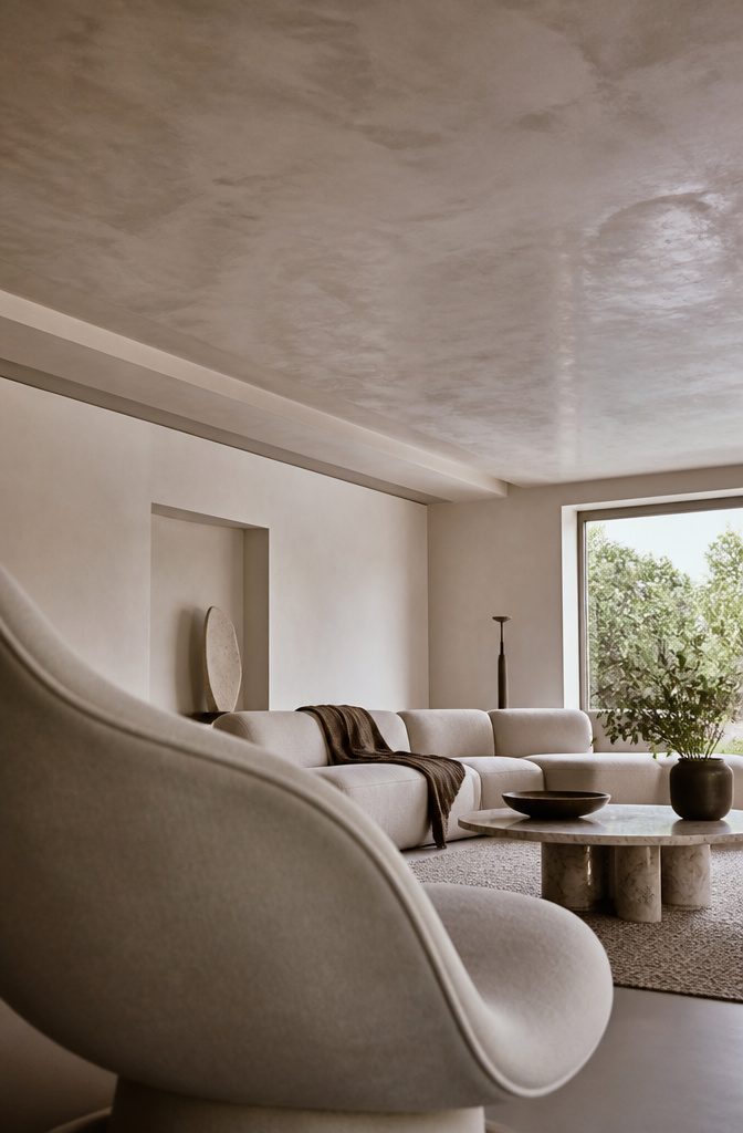 Ceiling with a subtly marbled plaster finish above living room furniture