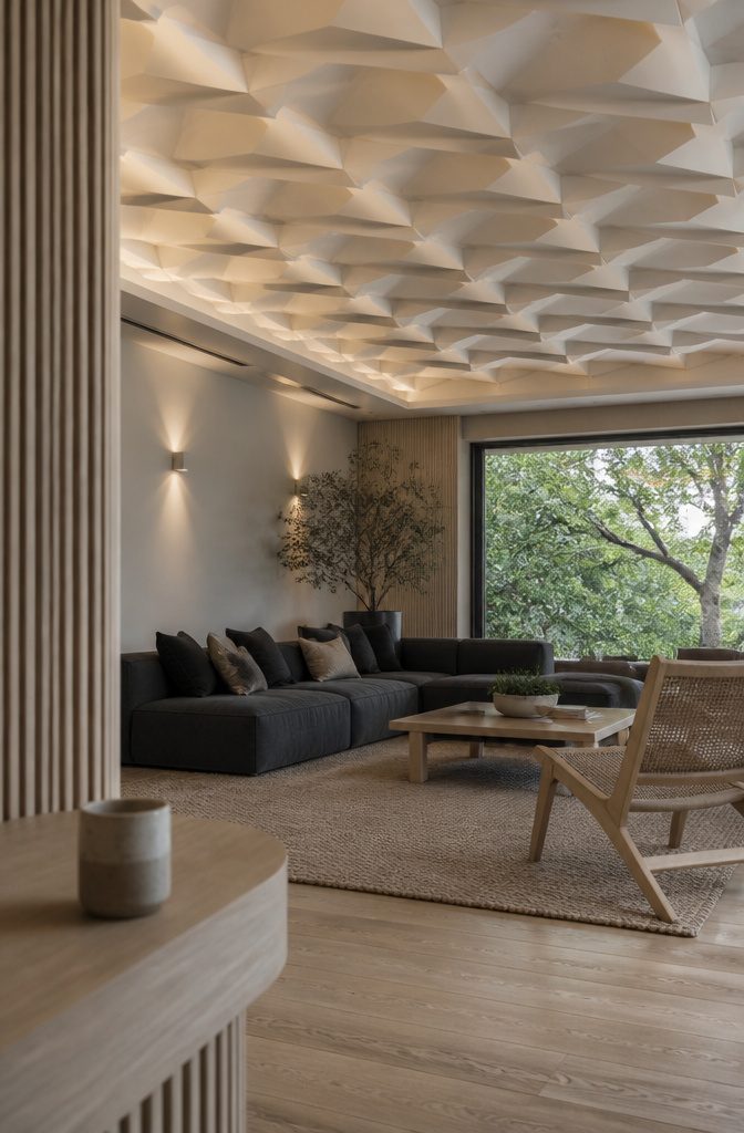 Three-dimensional geometric ceiling panels arranged in a repeating pattern