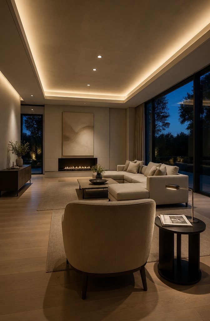 Ceiling with recessed lights and concealed strips above a living room
