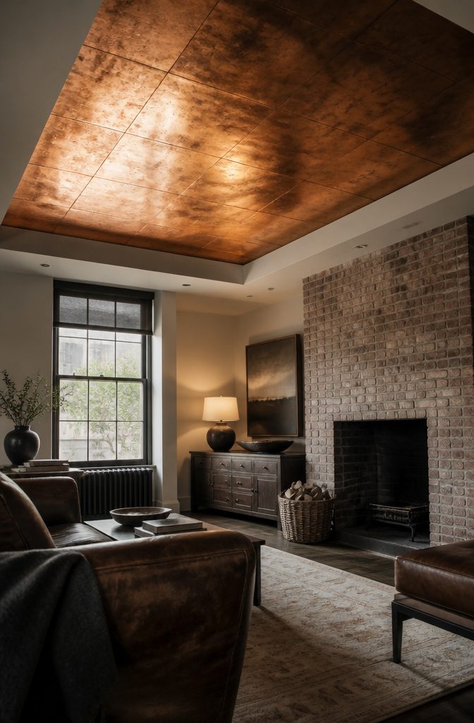 Antique copper ceiling panel inside a tray near a brick fireplace
