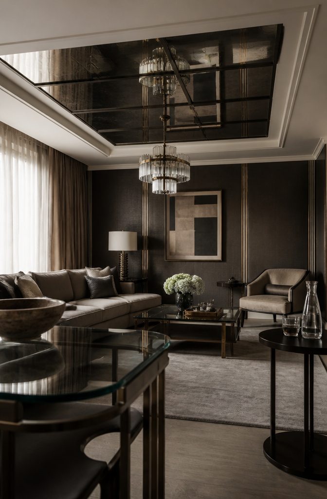 Smoky mirrored ceiling panels reflecting light above a living room