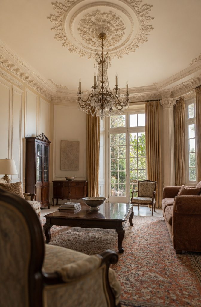 Ivory ceiling rose around a chandelier with detailed perimeter cornices