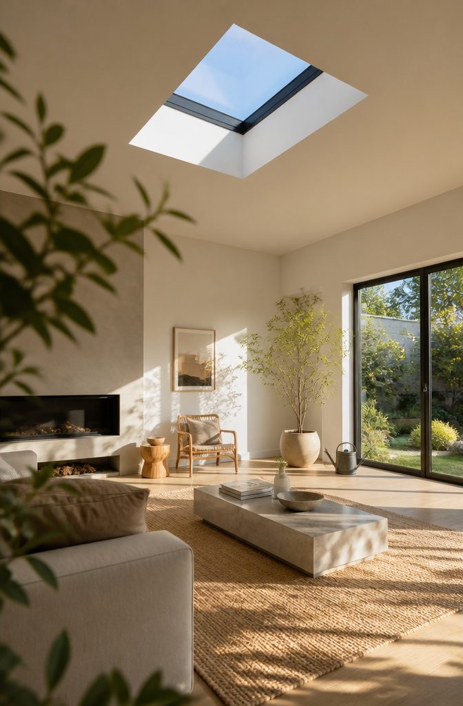 Living room with a skylight bringing daylight onto the ceiling and walls