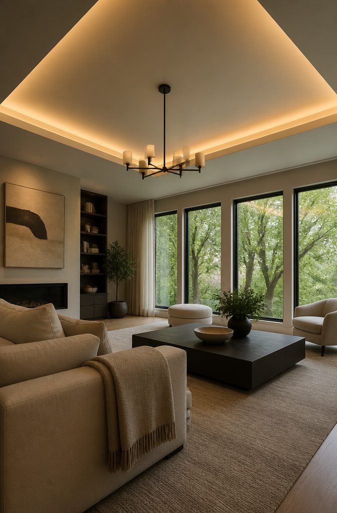 Raised ceiling center panel with concealed lighting around its inner edge