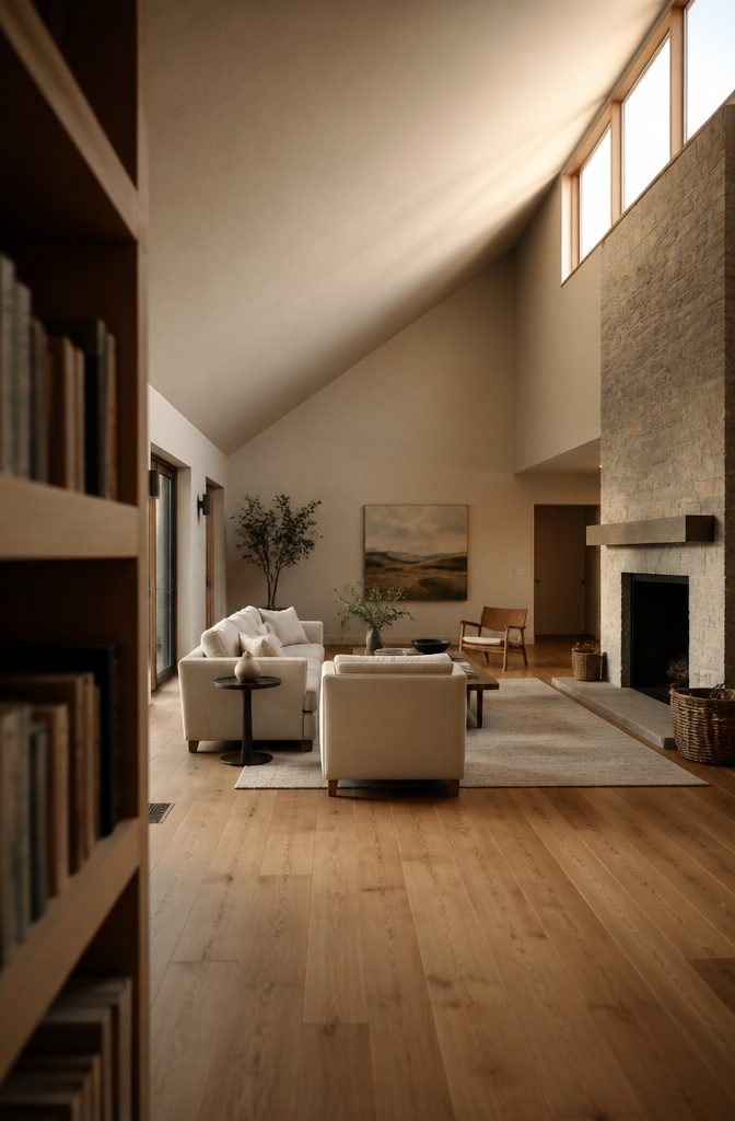 Living room beneath a high ceiling that rises along a broad slope