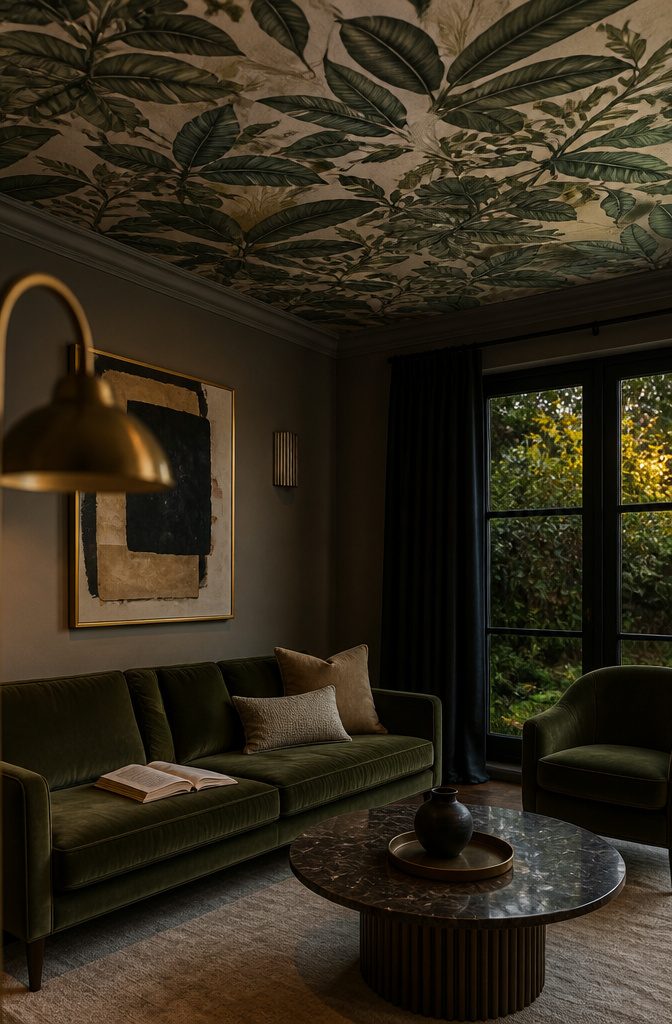 Green botanical wallpaper covering a living room ceiling above velvet furniture