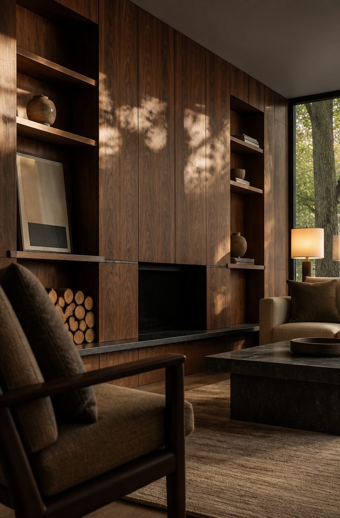 Living room with floor-to-ceiling oak millwork around built-in shelving