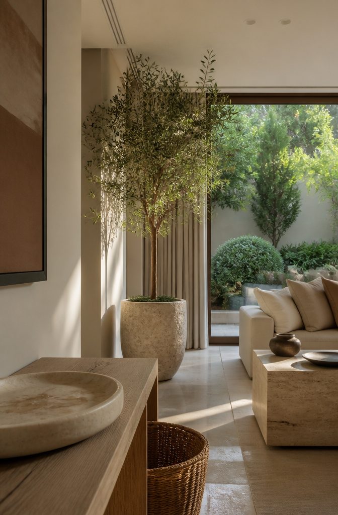 Tall olive tree in a textured stone planter beside a travertine table