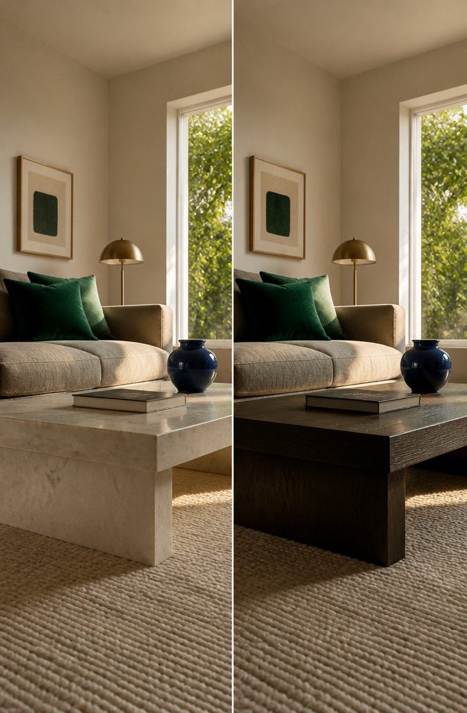 Living room in warm neutrals with jewel-tone accent pillows