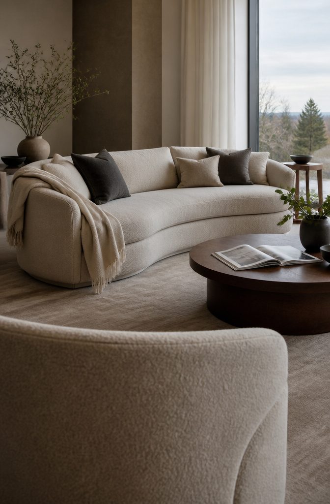 Curved upholstered sofa with textured cushions and a draped throw