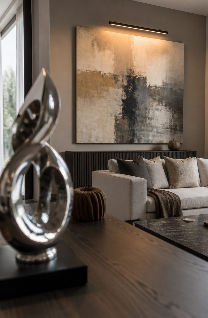 Living room with oversized abstract artwork above a sofa
