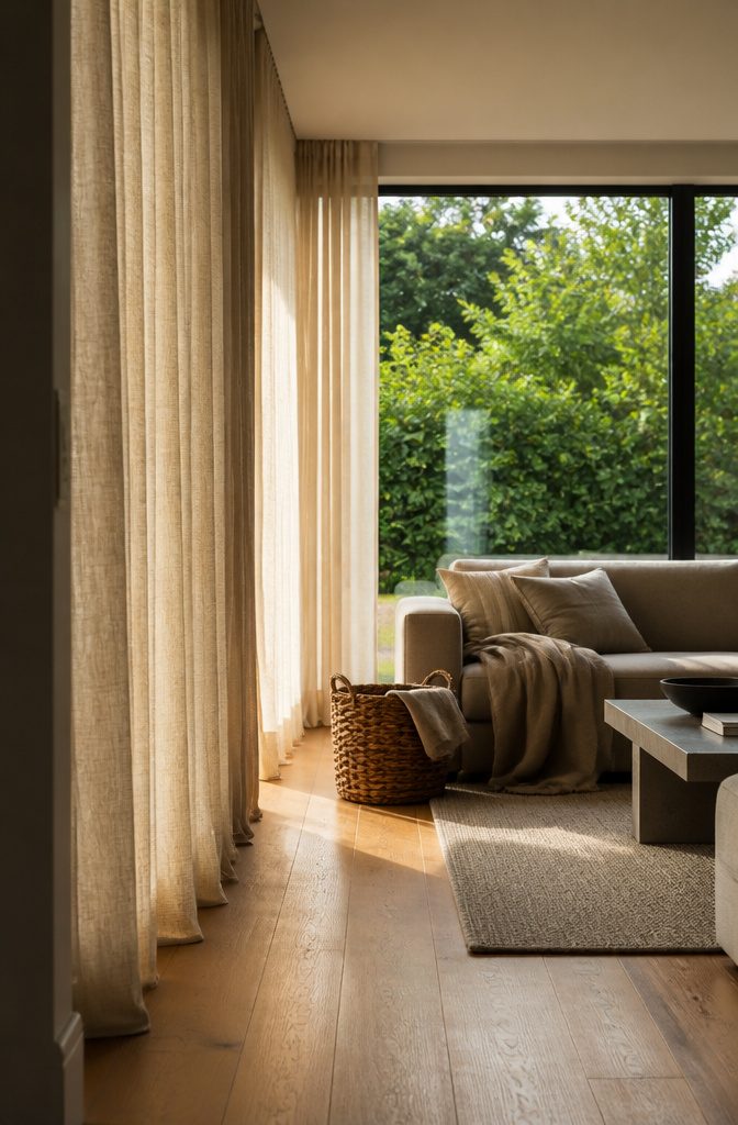 Cream linen curtains from ceiling to floor beside a taupe sofa