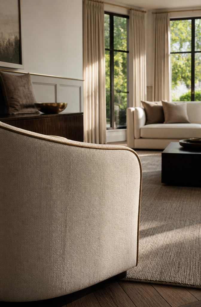 Brushed brass curtain rods and cord trim on an upholstered chair