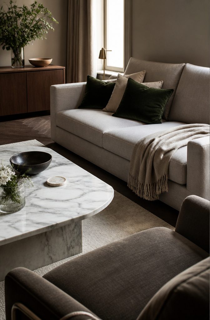 Velvet cushions on a linen sofa beside a polished marble coffee table