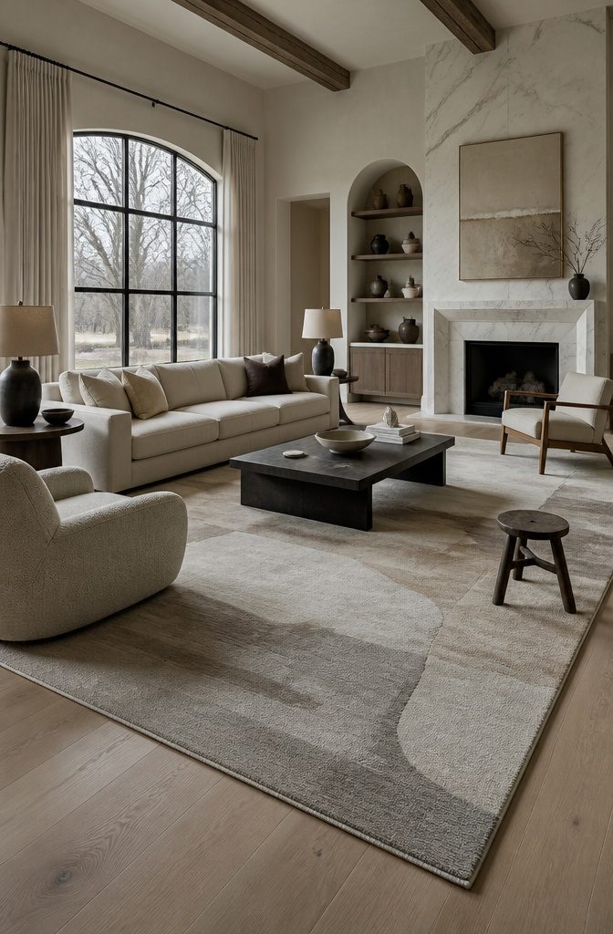 Large living room rug extending beneath the front legs of the seating