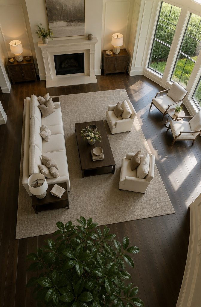 Living room with sofas and chairs arranged facing one another