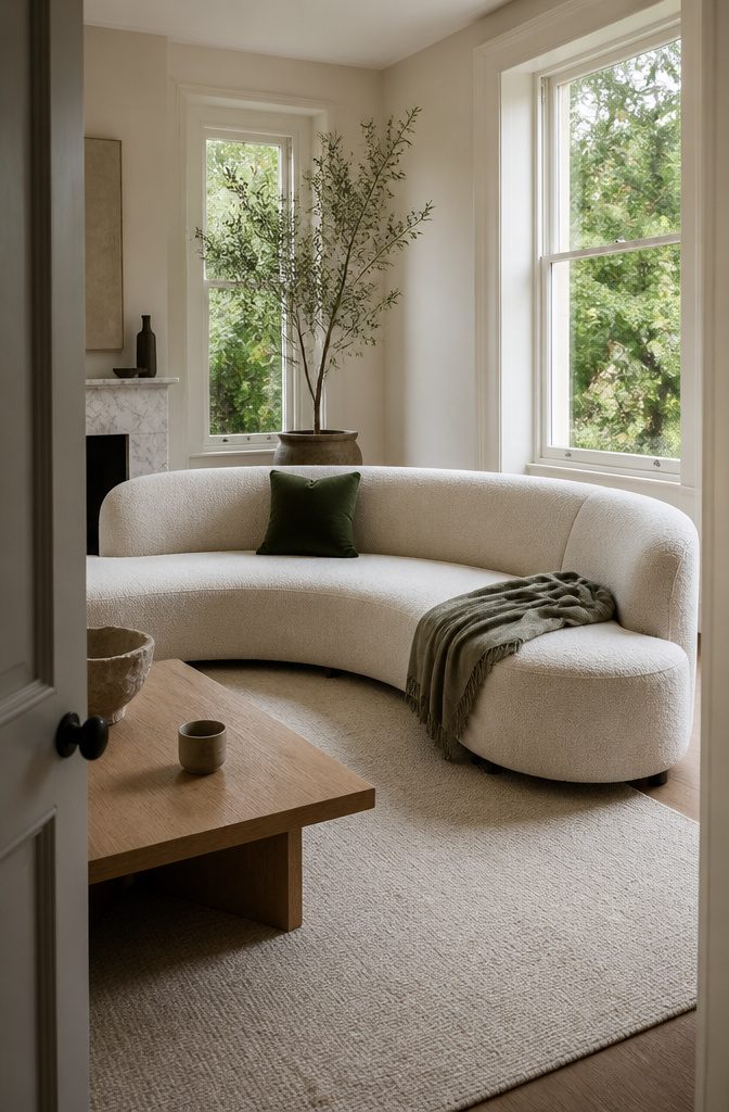 Luxury living room with a large sofa and bold artwork