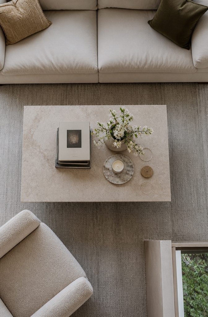 Coffee table with stacked books, low ceramic vase and marble candle tray