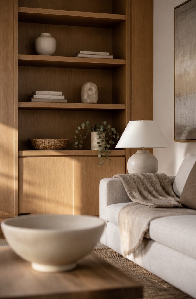 Warm oak shelves with art books, ceramic vase, marble sculpture and eucalyptus