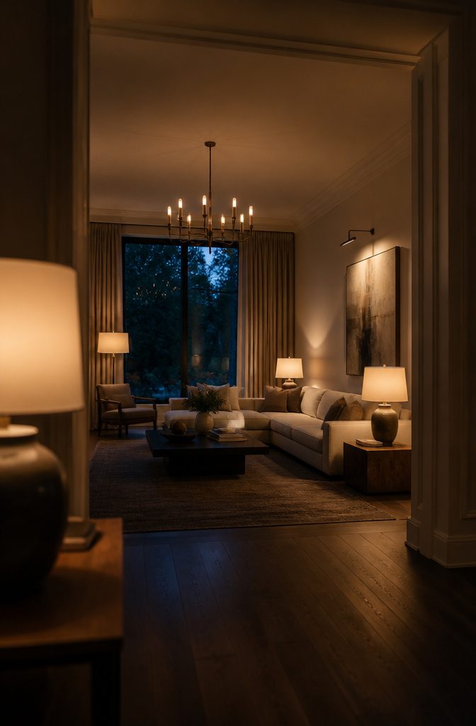Living room with a chandelier, table lamps, floor lamp and wall sconces