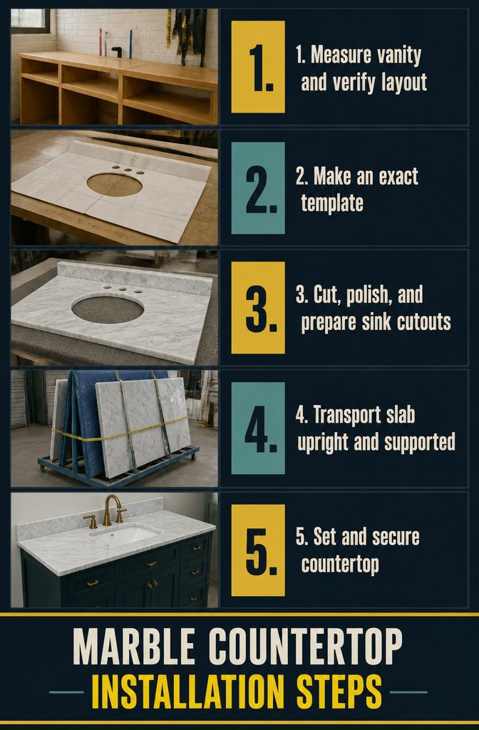 Marble countertop installation guide with numbered steps