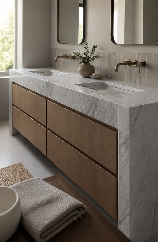 Double vanity with 3 cm marble top and waterfall edge