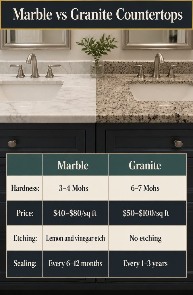 Marble and granite countertop comparison graphic