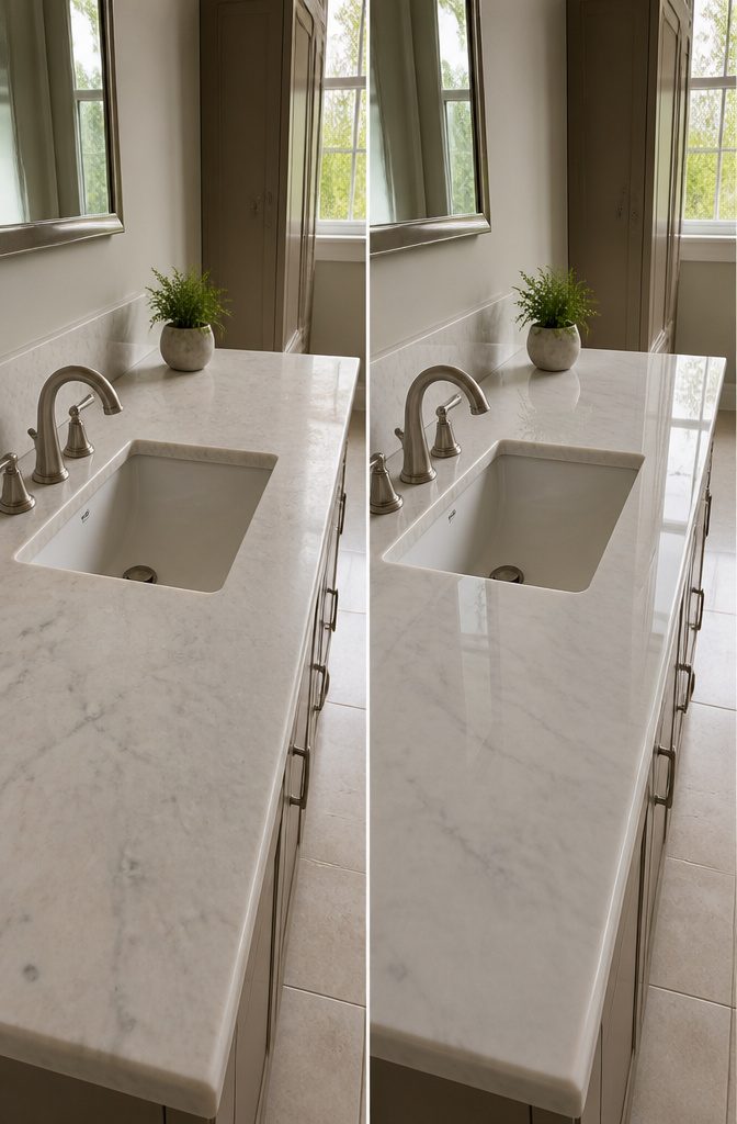 Marble bathroom counter showing varied stone color and veining