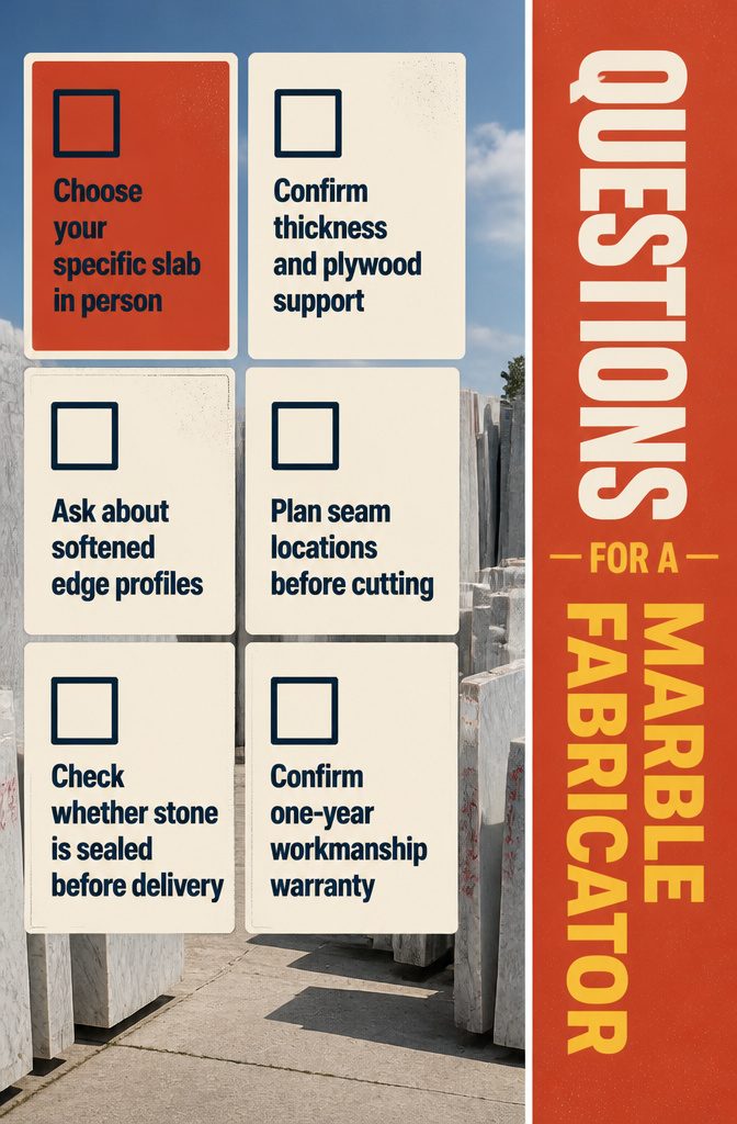 Marble fabricator question list about slab selection and installation