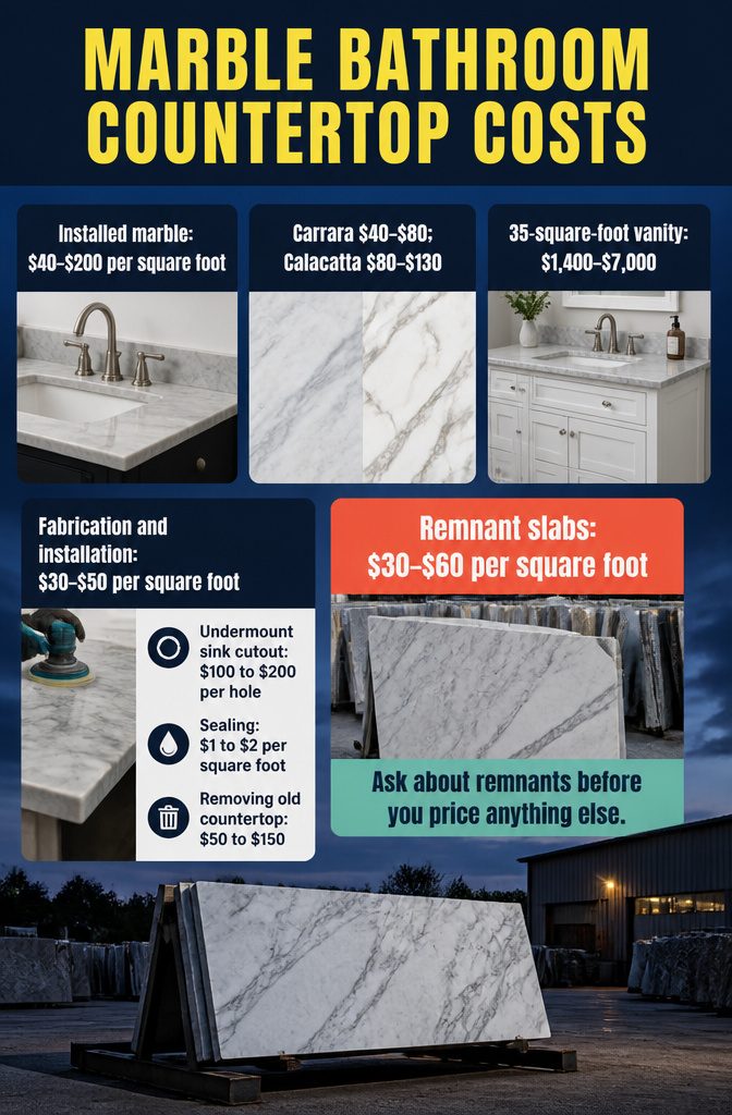 Marble bathroom countertop cost graphic with pricing information