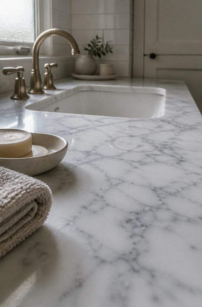 Marble counter in a bathroom with visible stone veining
