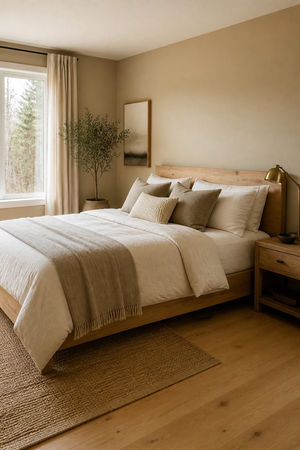Master bedroom with warm beige walls and soft neutral bedding.