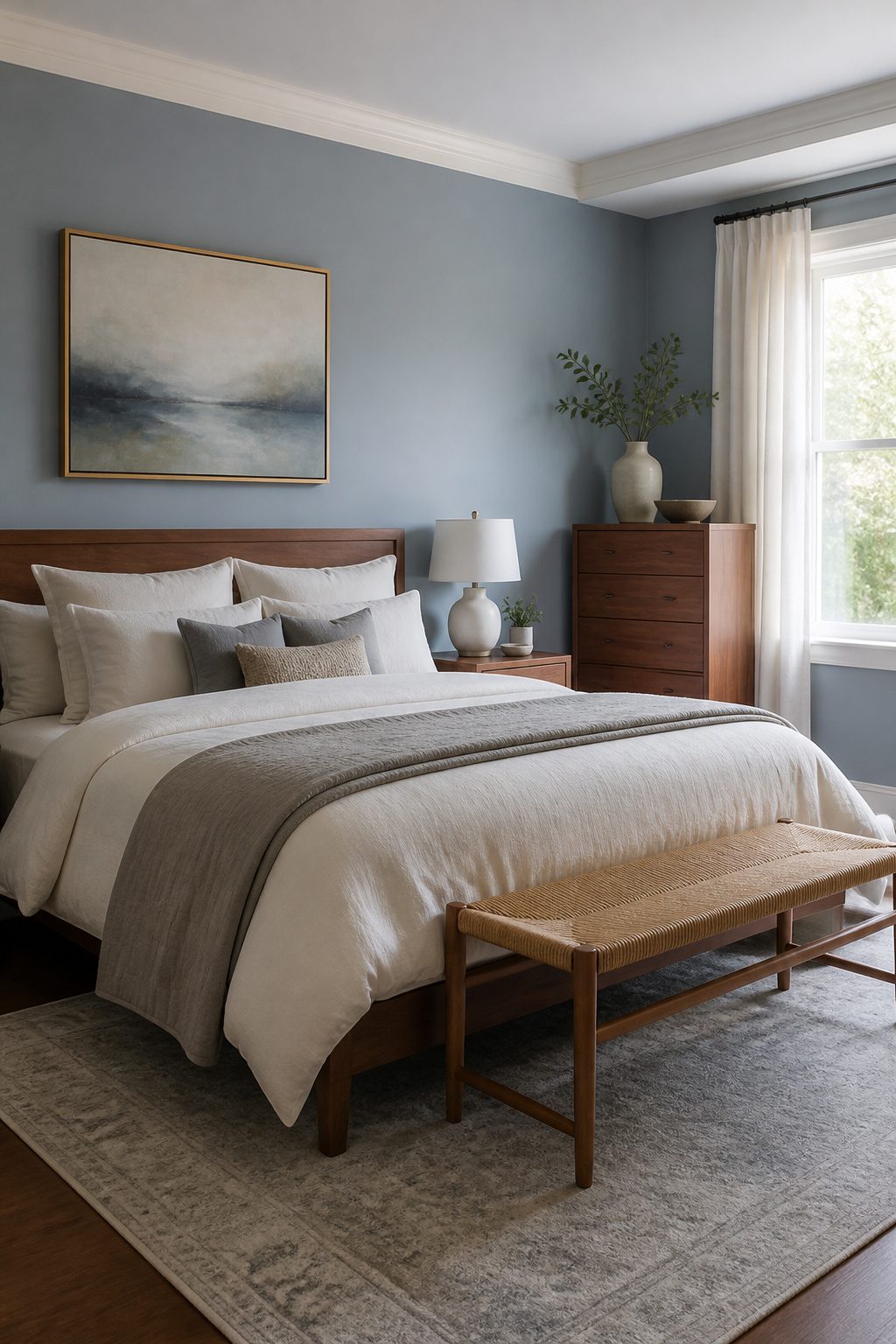Master bedroom with blue-gray walls and layered neutral bedding.