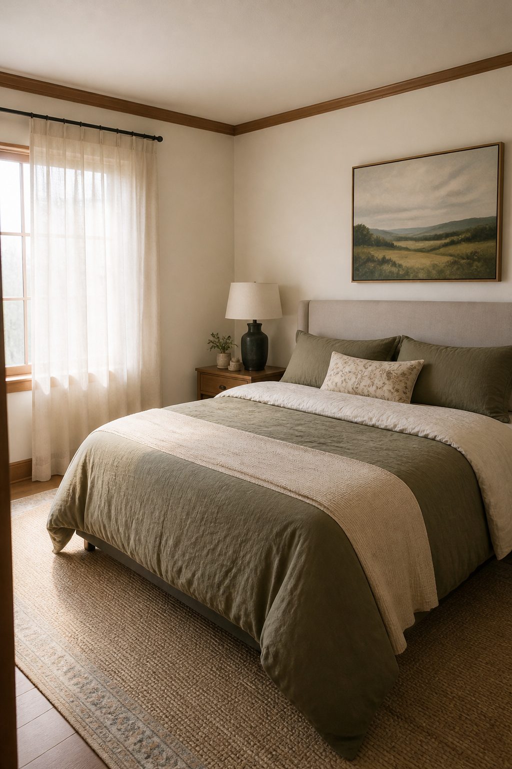 Master bedroom with creamy white walls and earthy-toned bedding.