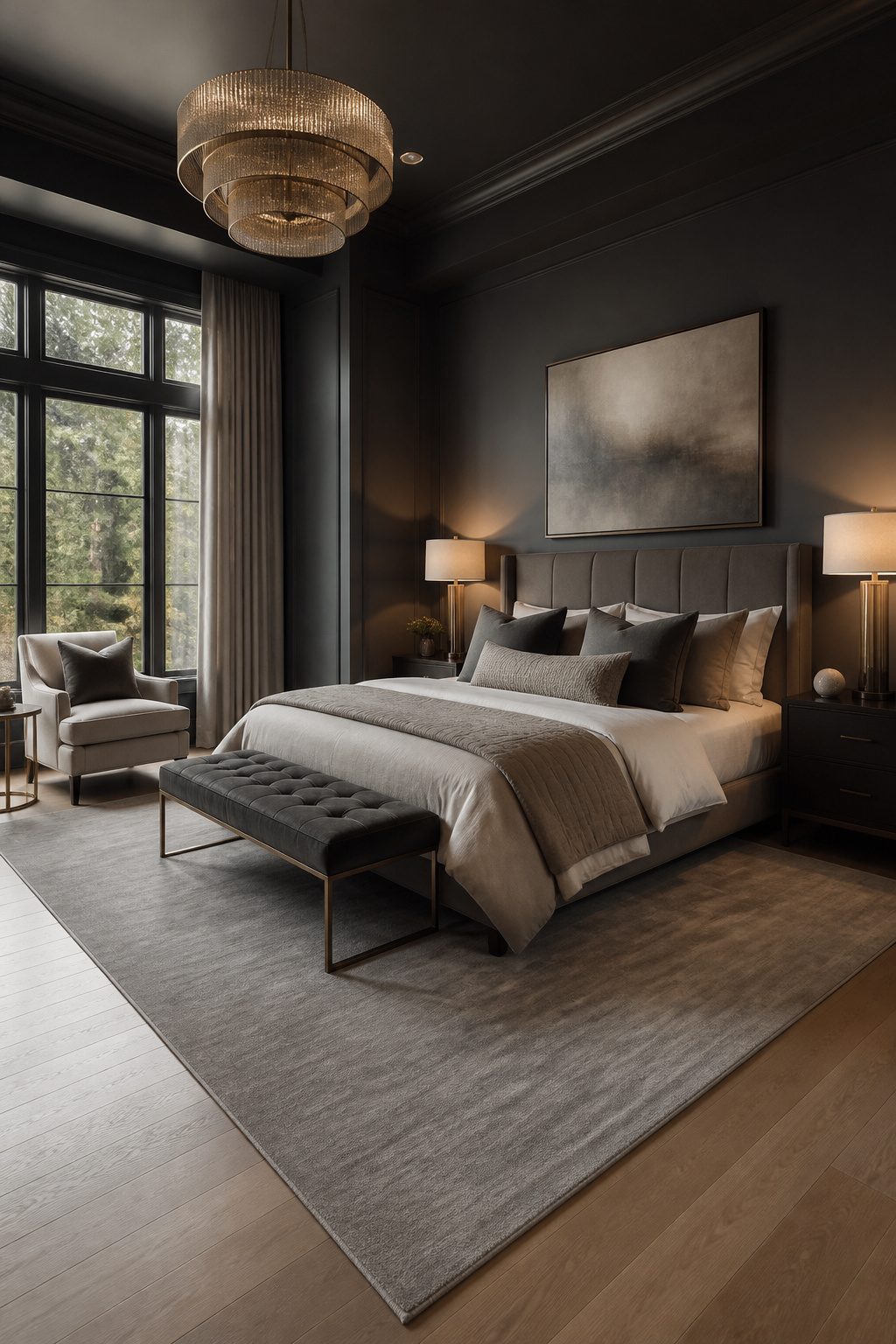 Master bedroom featuring dark gray walls and light wooden floors.