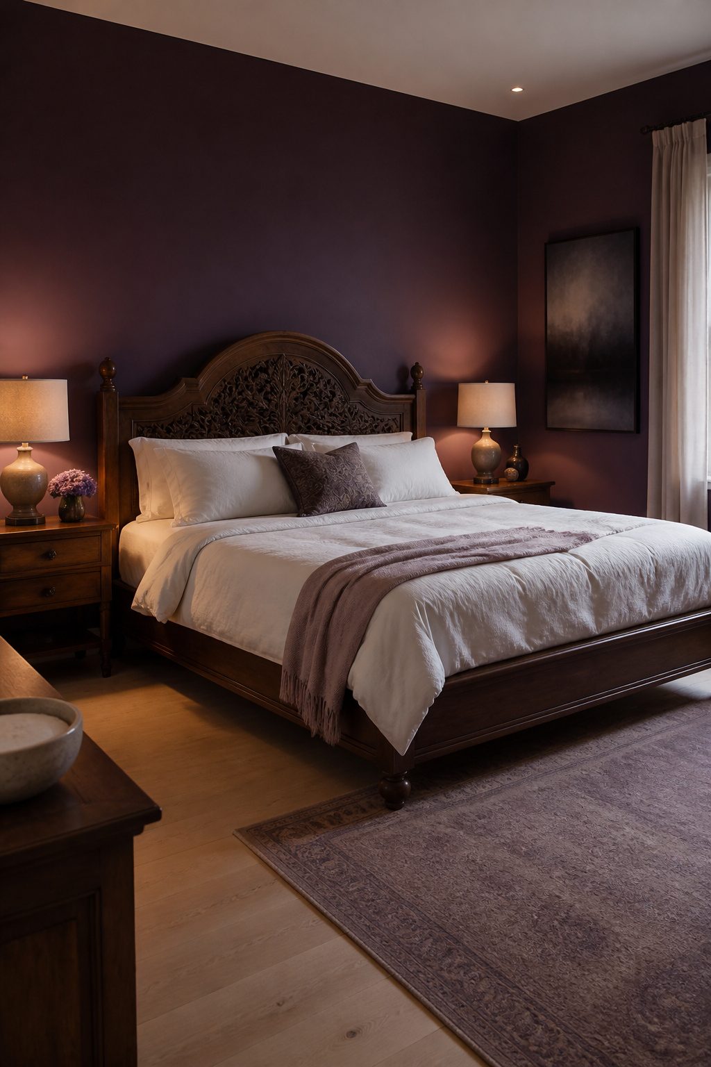 Master bedroom with deep aubergine walls and white bedding.