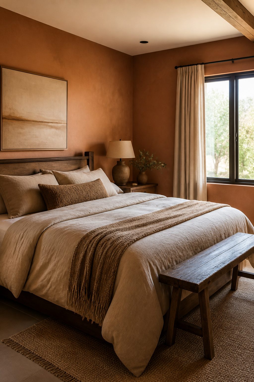 Master bedroom with terracotta walls and rustic wooden accents.