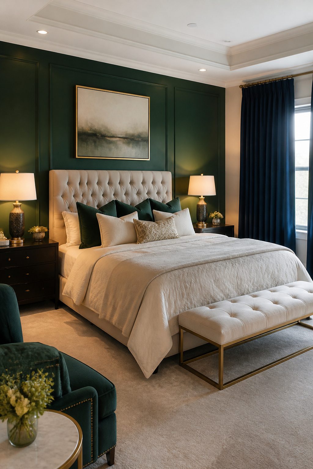 Master bedroom with an emerald accent wall and warm bedding.