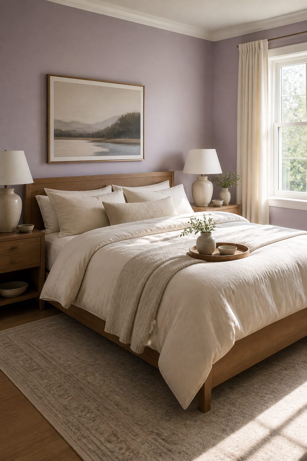 Master bedroom featuring muted lavender walls and cream bedding.