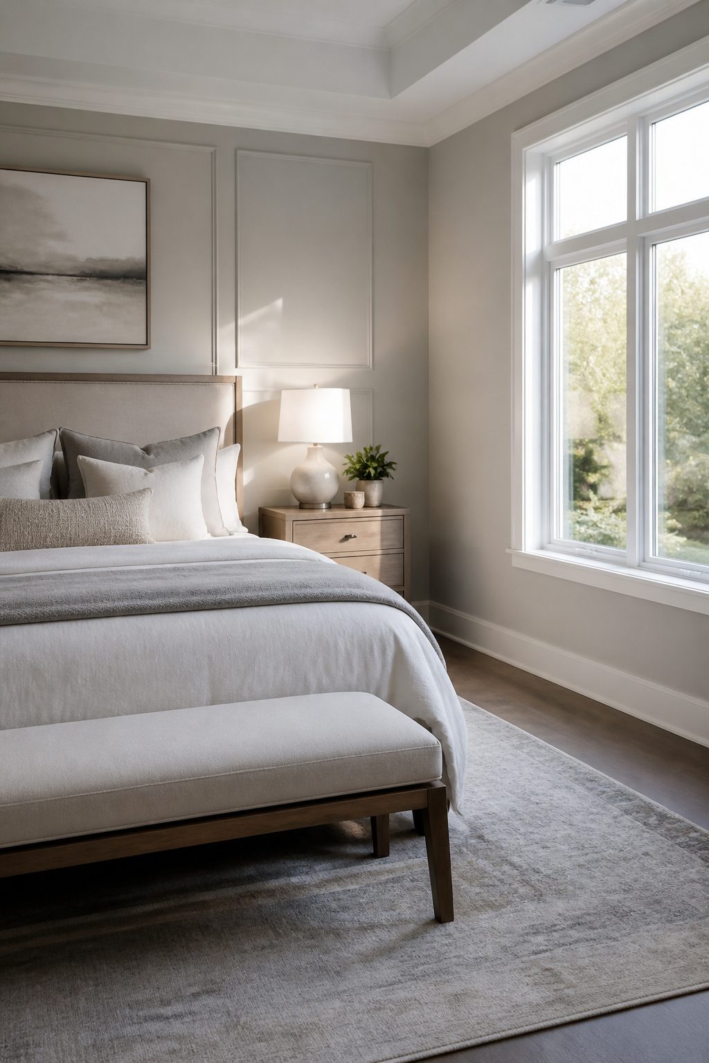 Master bedroom featuring light gray walls and white trim.