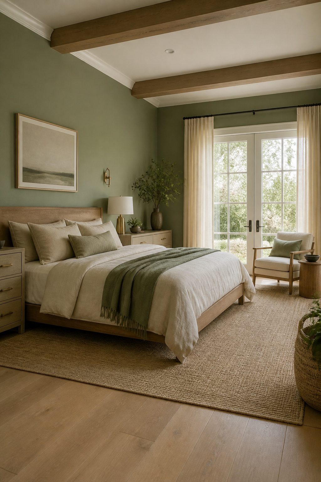Master bedroom featuring light sage green walls and natural elements.