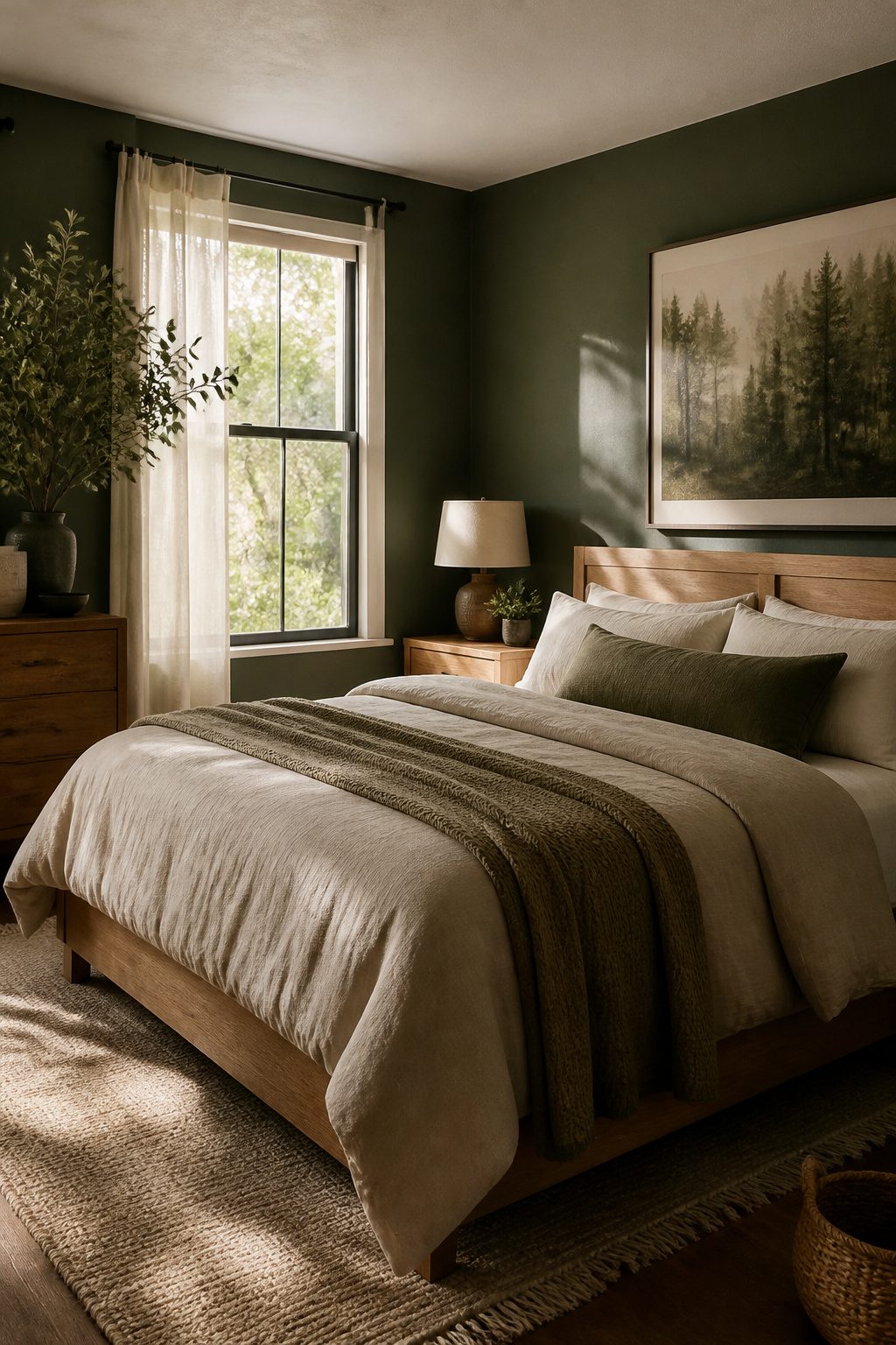 Master bedroom featuring deep green walls and natural wood furnishings.
