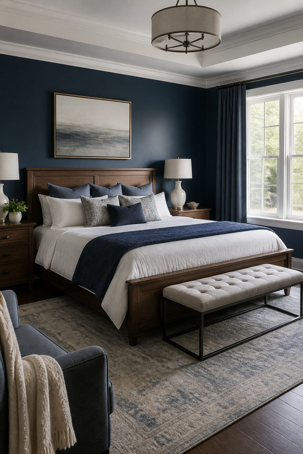 Master bedroom with navy blue walls and soft blue accents.